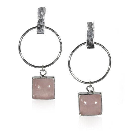 Hammered Geometric Hoop and Rose Charm Sterling Silver Earrings - HansyChic